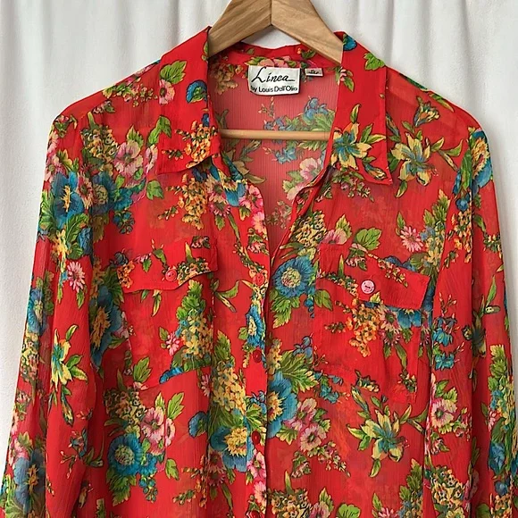 Linea by Louis Dell’Olio Orange Floral Long Sleeve Blouse Shirt Top **Size XL** - Picture 3 of 5